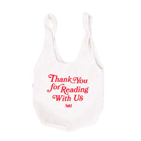White tote bag with red text 'Thank You for Reading With Us' perfect for grocery trips or the beach.